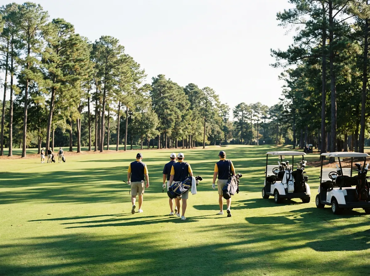 A foursome of golfers walking down a sunny fairway beside golf carts